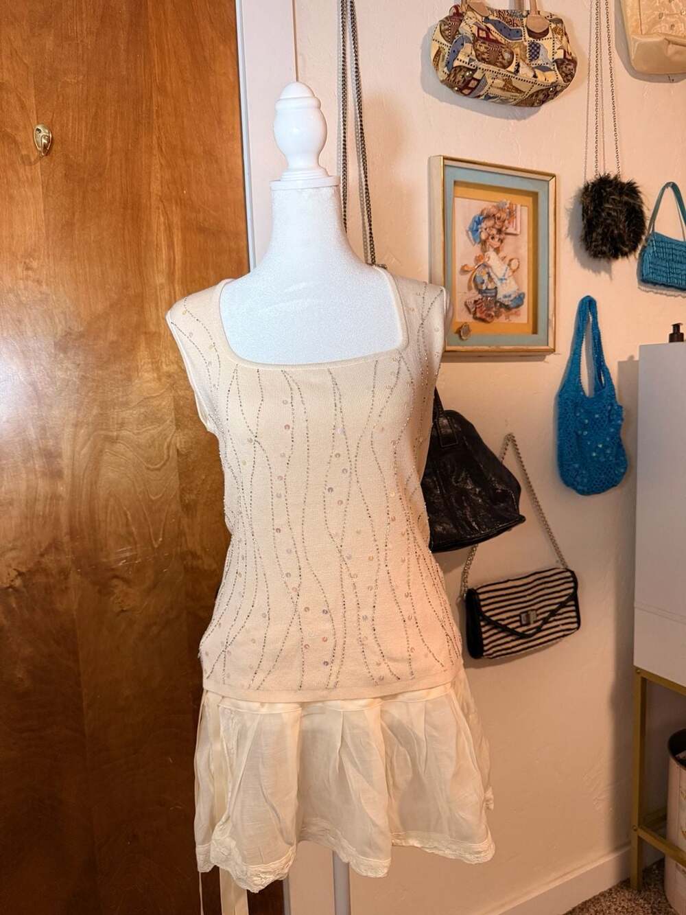 Vintage Georgiou Studio Silk Blend Beaded Rhinestone Tank Top Cream Size M